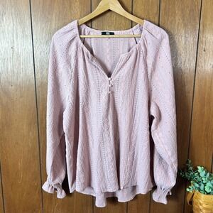 FRYE Pink Textured Eyelet V-Neck Peasant Blouse Long Sleeve Button Front Women S